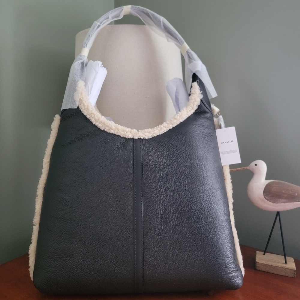 Coach Brooklyn 39 Shearling Hobo Black Grained Leather Shoulder Bag NWT